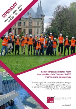 Flyer Openday 2025, Anmeldung, Berufswahl, Lehre als Zeichnerin / Zeichner EFZ Fachrichtung Ingenieurbau