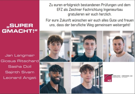 Erfolgreicher Lehrabschluss, QV 2024, Zeichnerin / Zeichner EFZ Fachrichtung Ingenieurbau, Ausbildung bei der Kissling + Zbinden AG